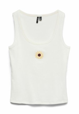 Hvid ribbet tanktop med rund halsudskæring og lille broderet solsikke placeret midt på brystet.