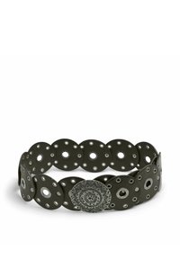 Leren armband met ronde segmenten, zilveren accenten en decoratieve patronen. Kleur is donkergrijs met lichtreflecterende elementen.