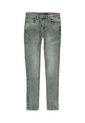 Verkleurde groene denim jeans met een slim fit, vijf zakken en een merkband met een rode accentlabel.