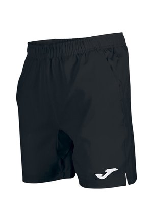 Zwarte sportshorts met elastische tailleband en een wit gestileerd J-logo op het onderste linkerbeen, zonder zichtbare zakken of trekkoorden.