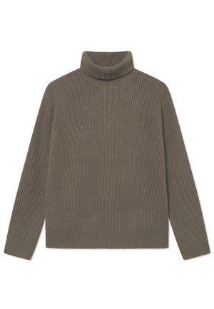 Ribbestrikket høyhalset genser i dempet olivengrønn, med lange ermer og en tettsittende design. Laget av et mykt, strukturert strikkemateriale.