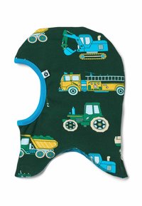 Balaclava verde in cotone con veicoli stampati colorati, tra cui trattori e camion dei pompieri. Rifinita con un bordo blu per ulteriori dettagli.