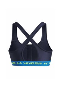 Marinblå sportbh med korsad ryggdesign. Har ett brett elastiskt band i turkos och grönt med "UNDER ARMOUR"-logotyp. Slät textur.