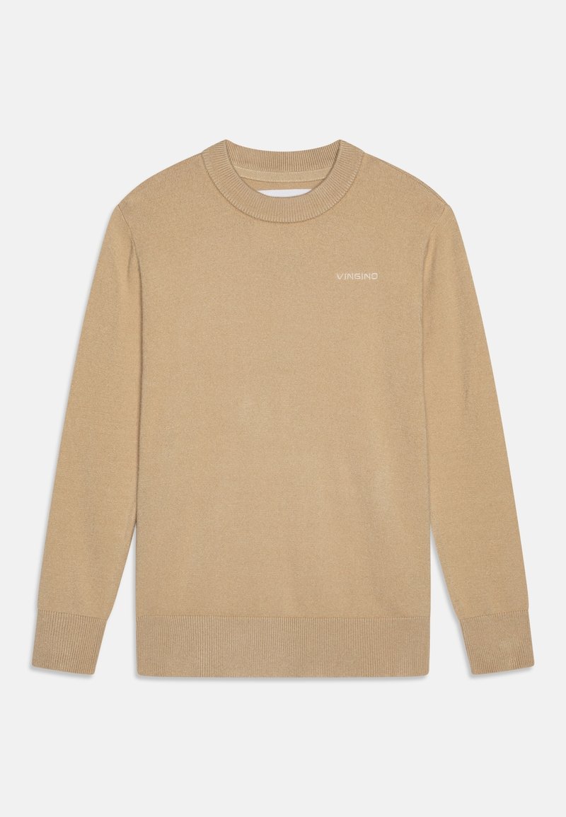 Pull beige à col ras du cou avec manches longues, poignets et ourlet côtelés, et petit logo blanc "VINGINO" sur la poitrine gauche.