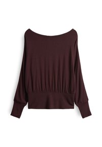 Burgunderfarbenes Top mit schulterfreien Trägern, langen Ärmeln, geraffter Taille und weichem Stoffgefühl. Verfügt über einen lässigen Schnitt und einen elastischen Saum.