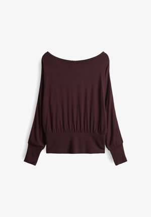 Top bordeaux à épaules dénudées avec des manches longues, taille froncée et texture de tissu douce. Présente une coupe décontractée et un ourlet élastique.