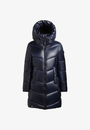 Laivaston puffjakke med glansfinish, chevronkviltet design, høy krage, frontglidelås og to sidelommer.