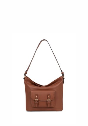 Sac à bandoulière en cuir marron avec une poche avant munie de deux sangles à boucle et une bandoulière réglable.