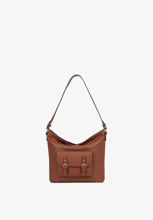 Brown leather shoulder bag with a front pocket featuring two buckle straps and a single adjustable shoulder strap.