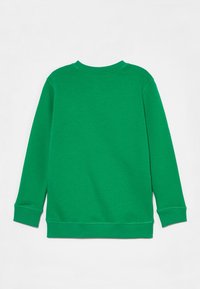 Felpa lunga verde puro con maniche a sbuffo, polsini e orlo a coste, mostrata distesa su uno sfondo bianco.