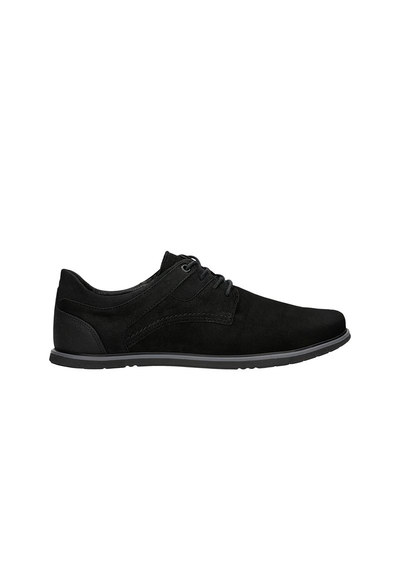 Black suede shoes with a rounded toe, lace-up design, and textured accents. Features a rubber sole and a contrasting side panel.
