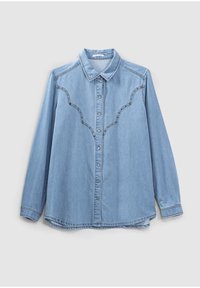 Light blue denim shirt with long sleeves, button-down front, pointed collar, and decorative stitching along the yoke and placket.