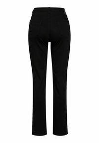 Pantalon noir taille haute à jambes droites avec poches arrière, passants pour ceinture et une couture visible à l'arrière sur fond blanc.
