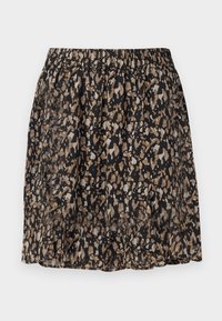 Jupe noire avec imprimé animal abstrait marron et beige et une taille élastique, présentée à plat sur fond blanc.
