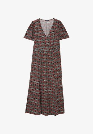 Maxi-jurk in zwart met een bloemenpatroon met rode en teal accenten. V-hals, korte mouwen en een getailleerde taille met een vloeiende rok.