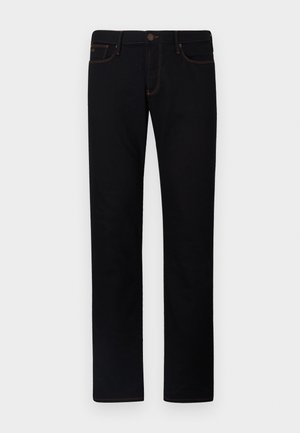 Blugi negri cu picioare drepte, din denim, cu cusături contrastante de culoare portocalie și închidere standard cu buton, având un design cu cinci buzunare.