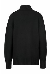 Schwarzer gestrickter Pullover mit einem hohen, gerippten Kragen, überschnittenen Schultern und geripptem Saum. Besitzt einen lockeren Schnitt und eine strukturierte Oberfläche.