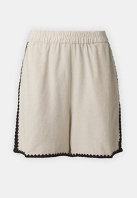 Shorts din bumbac bej, cu talie elastică, având un tiv negru în formă de valuri pe laturi. Design simplu, cu croi drept.
