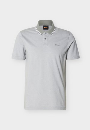 Helehall lühikeste varrukatega polosärk kahe nupuga, soonikkraega, millel on valged triibud, ning rinnal „BOSS" logo.