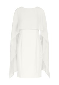 White dress with a cape-like overlay, featuring a round neckline and knee-length cut. Made from smooth fabric with a flowing design.