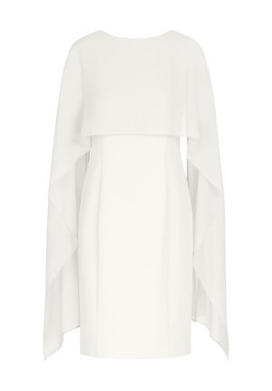 Weißes Kleid mit einem capeartigen Überwurf, ausgestattet mit Rundhalsausschnitt und knielanger Schnittführung. Hergestellt aus glattem Stoff mit einem fließenden Design.