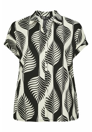 Short-sleeve shirt in cream with a black leaf print. Features a button-down front and a standard collar, made of a textured fabric.
