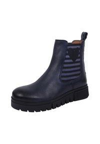 Marineblaue Lederknöchelboots mit elastischen Seitenpaneelen, die navy und graue Streifen aufweisen; Gummisohle mit strukturiertem Profil; Zuglasche hinten.