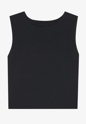 Μαύρο αμάνικο τοπ από λεία ύφασμα με στρογγυλή λαιμόκοψη και καθαρές γραμμές. Δεν έχει διακοσμητικά στοιχεία ή σχέδια.