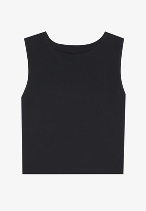 Haut sans manches noir en tissu lisse avec un col rond et des lignes épurées. Ne présente aucun ornement ni motif.