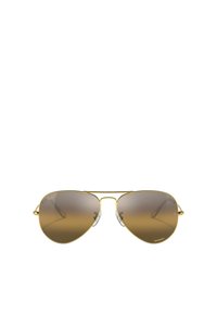 Occhiali da sole aviator con montatura in metallo dorato, lenti marroni sfumate e naselli trasparenti. Design minimalista senza motivi o decorazioni.