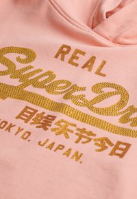 Felpa rosa con testo in glitter dorato "REAL SuperDry" e caratteri giapponesi. Tessuto morbido, cappuccio con cordino e dettagli a coste.