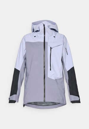 Jachetă impermeabilă de culoare violet deschis și gri închis, cu glugă, fermoar frontal, buzunar pe piept și manșete reglabile. Prezintă un design cu blocuri de culori.