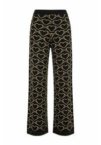 Sorte bukser med vide ben, mønstret med guldhjerter og diagonale linjer, samt en sort elastisk linning.