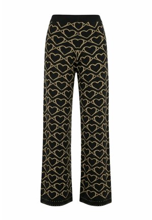 Schwarze Hosen mit weitem Bein, verziert mit goldenen Herz- und diagonalen Linienmustern und einem schwarzen elastischen Bund.