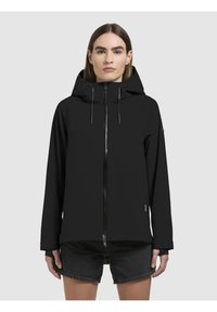 Zwarte hoodiejack met lange mouwen, voorrits en trekkoorden. Gemaakt van een gladde stof, met een minimalistisch ontwerp en subtiele branding.