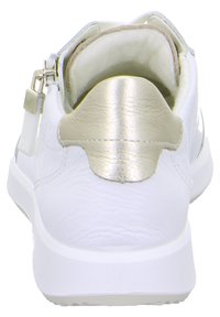 White leather sneaker with a metallic silver accent at the heel, featuring a smooth texture and a low-profile rubber sole.