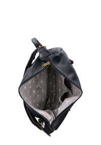 Black leather handbag with a textured exterior, gold hardware accents, and a light-colored, patterned interior lining. Zipper closure design.