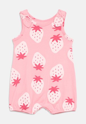Tutina rosa smanicata per neonati con stampa di fragole bianche e rosse e dettagli con fiocchi su entrambe le spalle.
