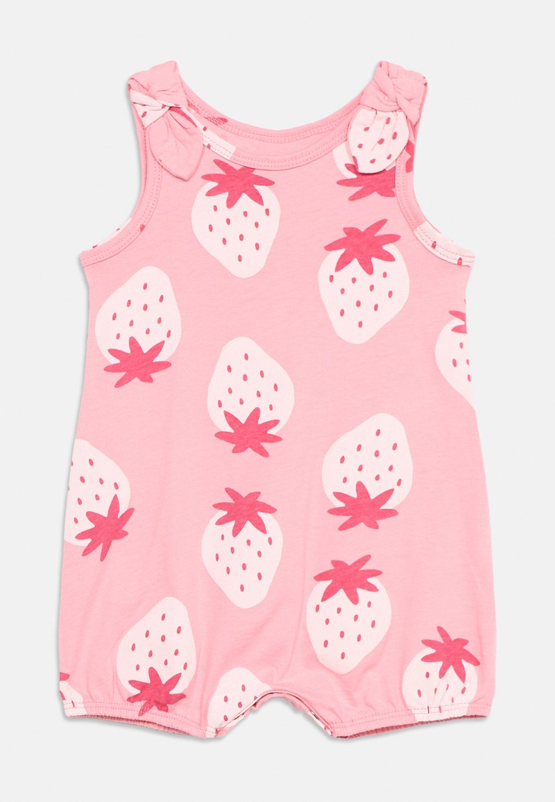 Ροζ αμάνικο βρεφικό φορμάκι με λευκό και κόκκινο σχέδιο φράουλας και λεπτομέρειες με φιόγκους σε κάθε ώμο.