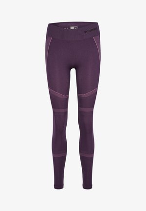 Paarse sportlegging met een gladde textuur, voorzien van roze accentlijnen en een hoge tailleband. Gemaakt van rekbaar, ademend materiaal.