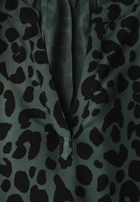 Zelená blůza s leopardím potiskem v černé barvě. Mezi výrazné detaily patří výstřih do V a měkká, hladká textura materiálu.