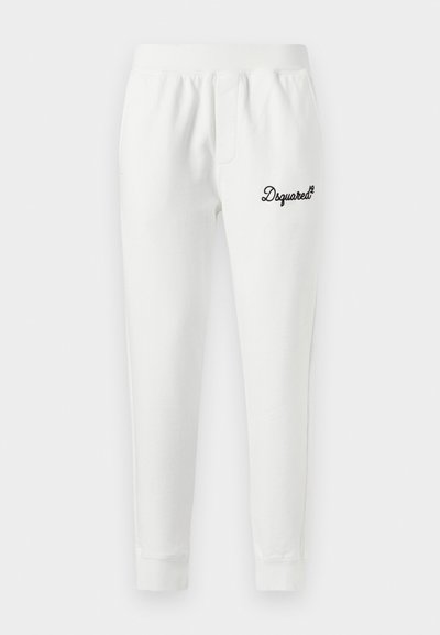 Λευκό βαμβακερό παντελόνι jogger με ελαστική μέση, με μαύρο κεντημένο λογότυπο "Dsquared²" στο αριστερό μηρό και στενά μανσέτες.