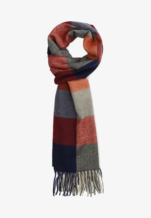 Woven wool scarf with bold stripes in navy, red, orange, and gray; herringbone pattern with fringed ends.