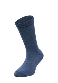 Calcetín de algodón azul marino con puño acanalado, textura suave, de longitud media y detalle de puntera reforzada. Adecuado tanto para uso casual como formal.