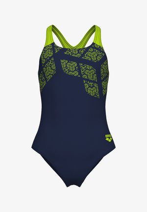 Marineblauer Badeanzug mit limonengrünem geometrischem Muster auf der Brust und passenden überkreuzten Trägern, Arena-Logo an der Hüfte.