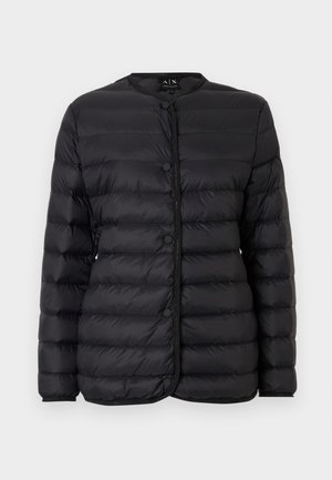 Black quilted lightweight jacket with round collar, snap buttons down the front, and long sleeves, displayed on a white background.