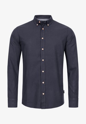 Navy long-sleeve button-up shirt made of cotton, featuring a pointed collar and wooden buttons along the front placket.