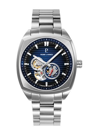 Muški sat Pierre Lannier od nehrđajućeg čelika sa plavim brojčanikom s prugama, skeleton podbrojčanicima, srebrnim oznakama sati i remenom od metalnih karika.