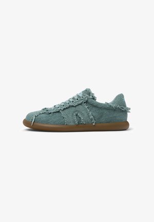 Light blue woven fabric shoe with frayed edges, round toe, and a soft brown rubber sole. Features laces with five eyelets.