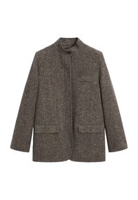 Brown tweed jacket featuring a high collar, button closure, two front pockets, and a textured fabric. Straight-cut design with long sleeves.